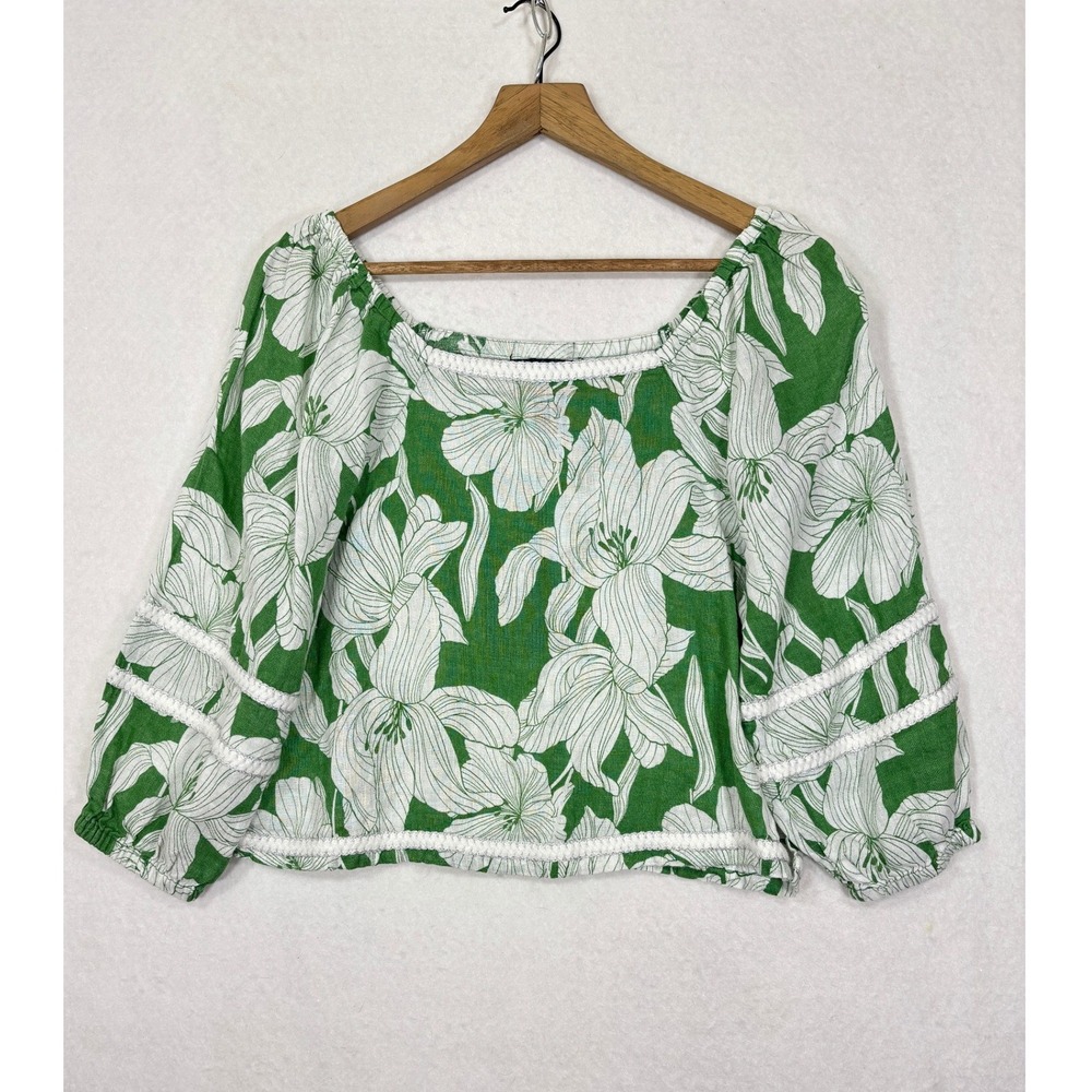 Tahari 100% Linen Floral Blouse Womens Medium Puff Sleeve Cropped Romantic